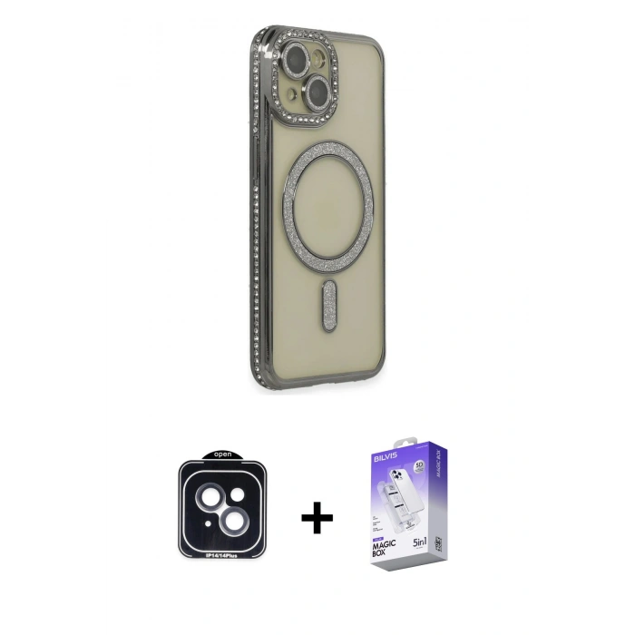 MARSİLYAN™- iPhone 14 Kılıf Zirve Doku Prime - Siyah Bilvis 5in1 3D Magic Cam Ekran Koruyucu + Siyah PVD Metal Kamera Lens