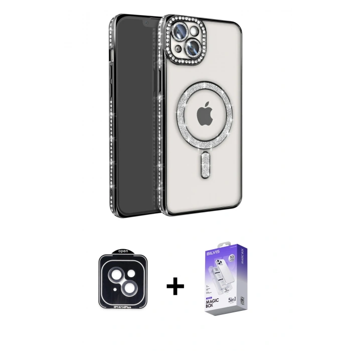 MARSİLYAN™- iPhone 14 Kılıf Zirve Doku Prime - Siyah Bilvis 5in1 3D Magic Cam Ekran Koruyucu + Siyah PVD Metal Kamera Lens