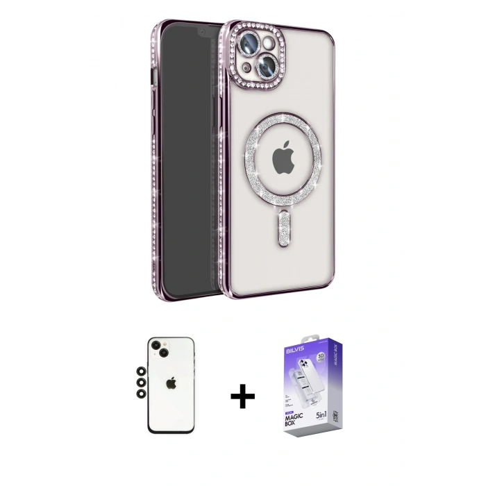 MARSİLYAN™- iPhone 14 Kılıf Zirve Doku Prime - Siyah Bilvis 5in1 3D Magic Cam Ekran Koruyucu + Shine Kamera Lens - SH
