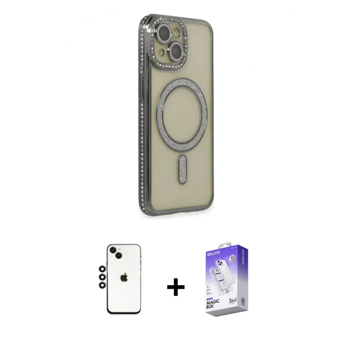 MARSİLYAN™- iPhone 14 Kılıf Zirve Doku Prime - Siyah Bilvis 5in1 3D Magic Cam Ekran Koruyucu + Shine Kamera Lens - SH
