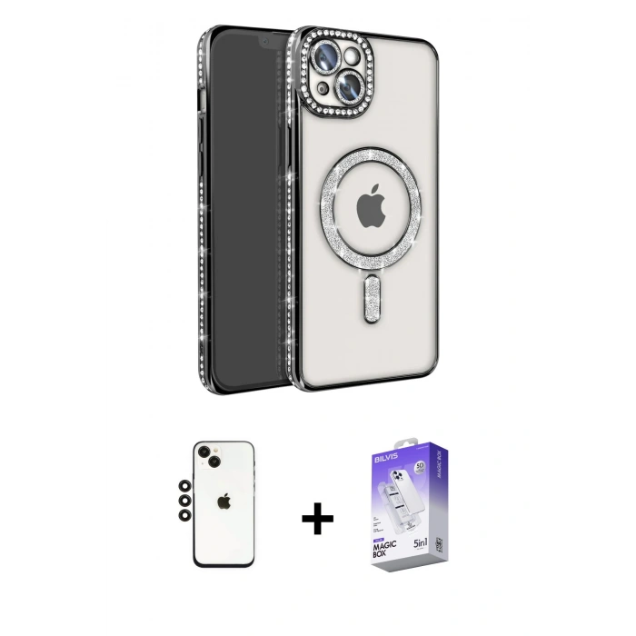 MARSİLYAN™- iPhone 14 Kılıf Zirve Doku Prime - Siyah Bilvis 5in1 3D Magic Cam Ekran Koruyucu + Shine Kamera Lens - SH