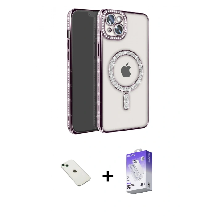 MARSİLYAN™- iPhone 14 Kılıf Zirve Doku Prime - Siyah Bilvis 5in1 3D Magic Cam Ekran Koruyucu + Diamond Kamera Lens - YL