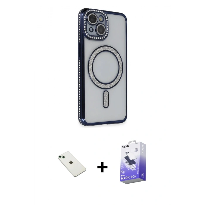 MARSİLYAN™- iPhone 14 Kılıf Zirve Doku Prime - Siyah Bilvis 5in1 5D Magic Hayalet Cam Ekran Koruyucu + Diamond Kamera Lens - YL