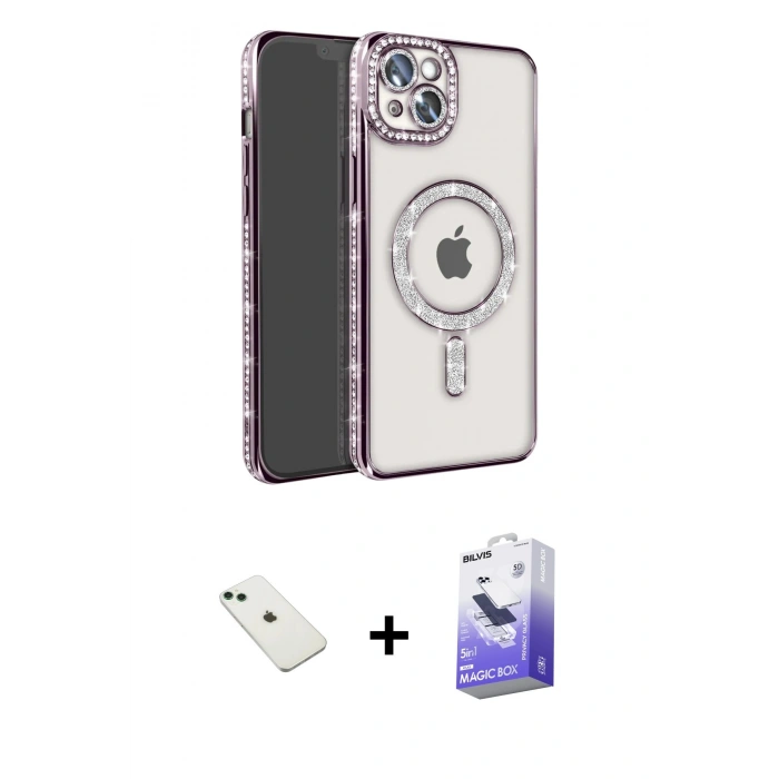 MARSİLYAN™- iPhone 14 Kılıf Zirve Doku Prime - Siyah Bilvis 5in1 5D Magic Hayalet Cam Ekran Koruyucu + Diamond Kamera Lens - YL