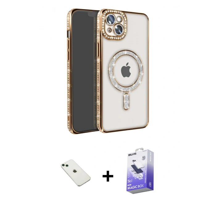 MARSİLYAN™- iPhone 14 Kılıf Zirve Doku Prime - Siyah Bilvis 5in1 5D Magic Hayalet Cam Ekran Koruyucu + Diamond Kamera Lens - YL