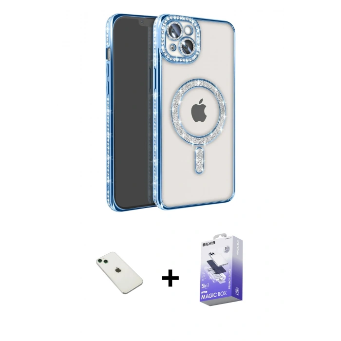 MARSİLYAN™- iPhone 14 Kılıf Zirve Doku Prime - Siyah Bilvis 5in1 5D Magic Hayalet Cam Ekran Koruyucu + Diamond Kamera Lens - YL