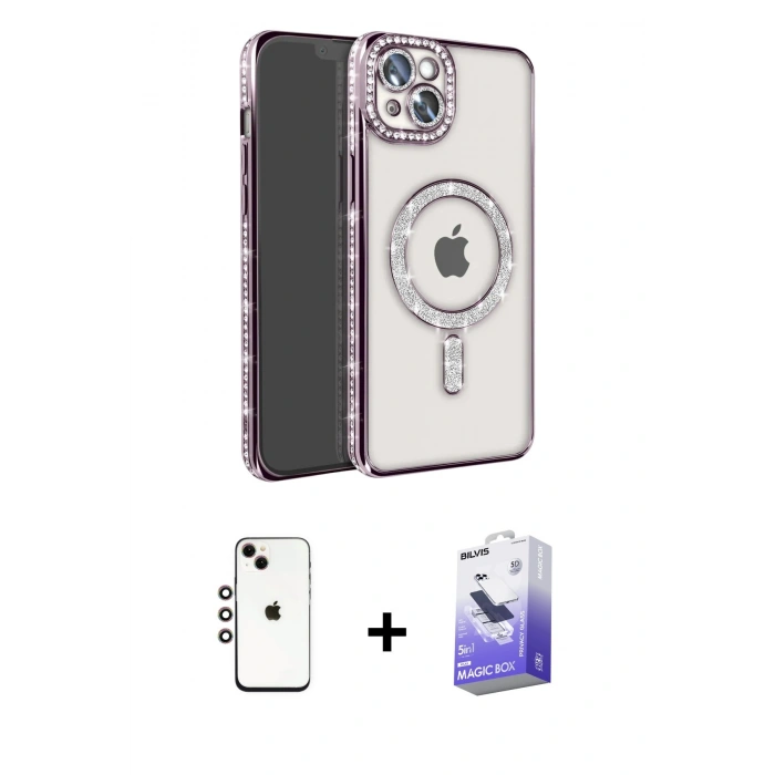 MARSİLYAN™- iPhone 14 Kılıf Zirve Doku Prime - Siyah Bilvis 5in1 5D Magic Hayalet Cam Ekran Koruyucu + Shine Kamera Lens - GI