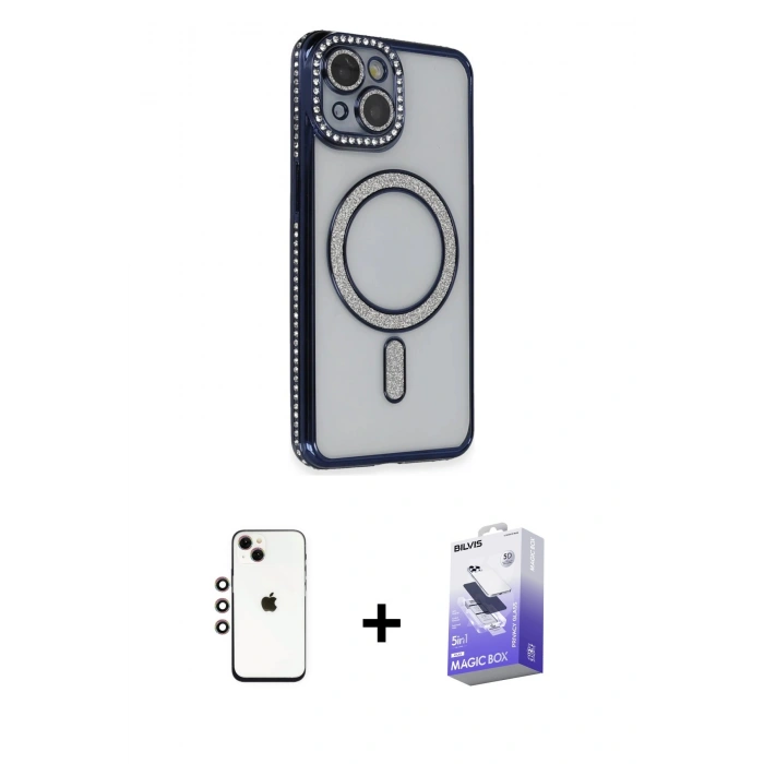 MARSİLYAN™- iPhone 14 Kılıf Zirve Doku Prime - Siyah Bilvis 5in1 5D Magic Hayalet Cam Ekran Koruyucu + Shine Kamera Lens - GI