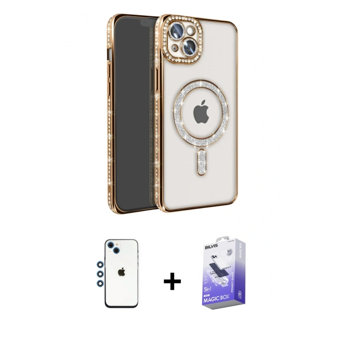MARSİLYAN™- iPhone 14 Kılıf Zirve Doku Prime - Siyah Bilvis 5in1 5D Magic Hayalet Cam Ekran Koruyucu + Shine Kamera Lens - MI