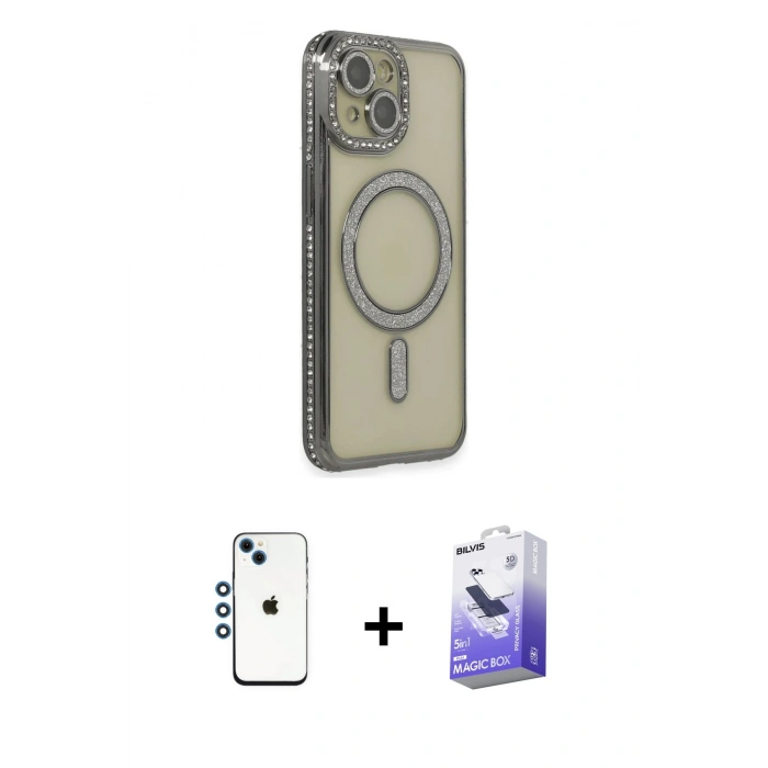 MARSİLYAN™- iPhone 14 Kılıf Zirve Doku Prime - Siyah Bilvis 5in1 5D Magic Hayalet Cam Ekran Koruyucu + Shine Kamera Lens - MI