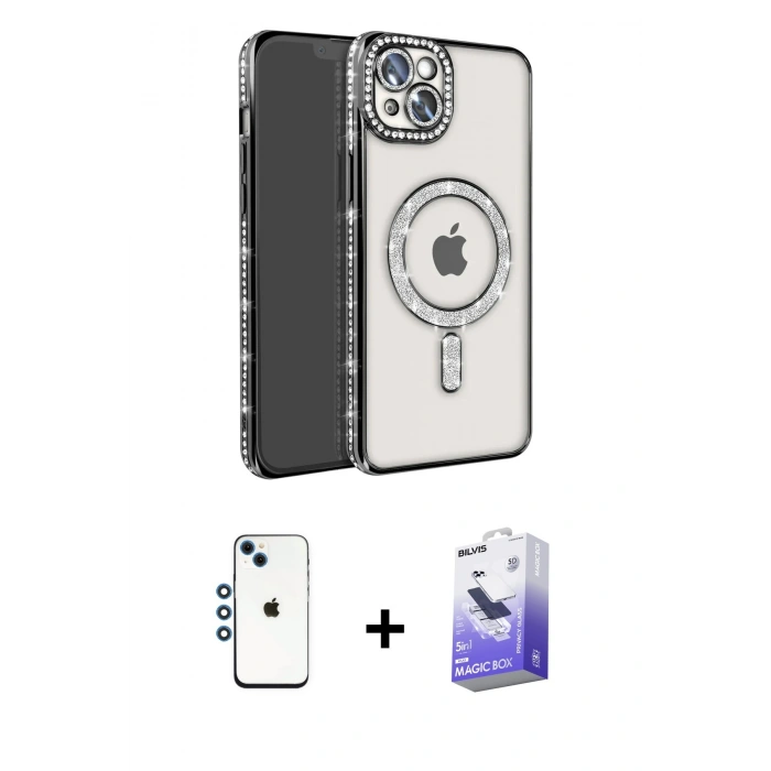 MARSİLYAN™- iPhone 14 Kılıf Zirve Doku Prime - Siyah Bilvis 5in1 5D Magic Hayalet Cam Ekran Koruyucu + Shine Kamera Lens - MI