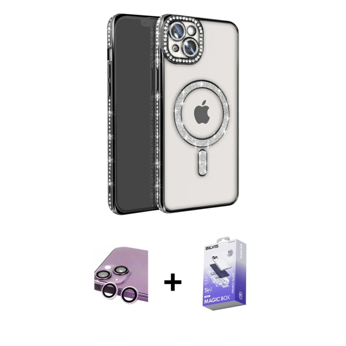 MARSİLYAN™- iPhone 14 Kılıf Zirve Doku Prime - Siyah Bilvis 5in1 5D Magic Hayalet Cam Ekran Koruyucu + Mor Raze Metal Kamera Lens