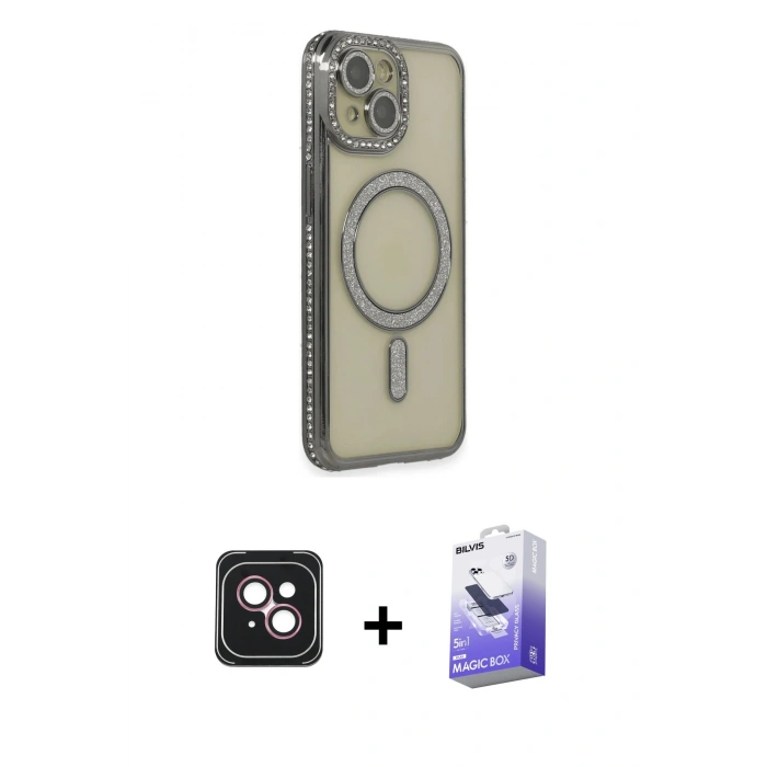 MARSİLYAN™- iPhone 14 Kılıf Zirve Doku Prime - Siyah Bilvis 5in1 5D Magic Hayalet Cam Ekran Koruyucu + PVD Metal Kamera Lens - PE