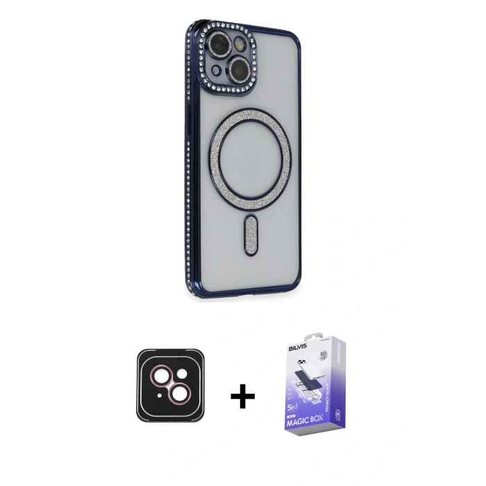 MARSİLYAN™- iPhone 14 Kılıf Zirve Doku Prime - Siyah Bilvis 5in1 5D Magic Hayalet Cam Ekran Koruyucu + PVD Metal Kamera Lens - PE