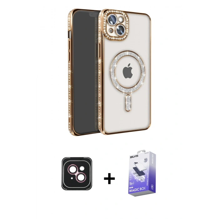 MARSİLYAN™- iPhone 14 Kılıf Zirve Doku Prime - Siyah Bilvis 5in1 5D Magic Hayalet Cam Ekran Koruyucu + PVD Metal Kamera Lens - PE