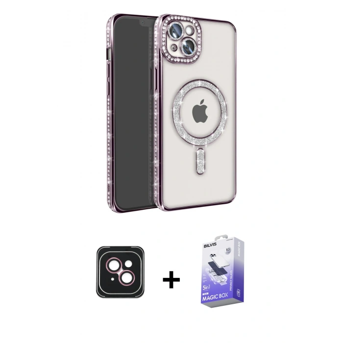 MARSİLYAN™- iPhone 14 Kılıf Zirve Doku Prime - Siyah Bilvis 5in1 5D Magic Hayalet Cam Ekran Koruyucu + PVD Metal Kamera Lens - PE