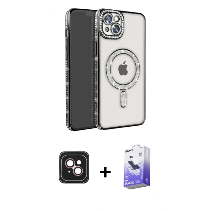 MARSİLYAN™- iPhone 14 Kılıf Zirve Doku Prime - Siyah Bilvis 5in1 5D Magic Hayalet Cam Ekran Koruyucu + PVD Metal Kamera Lens - PE