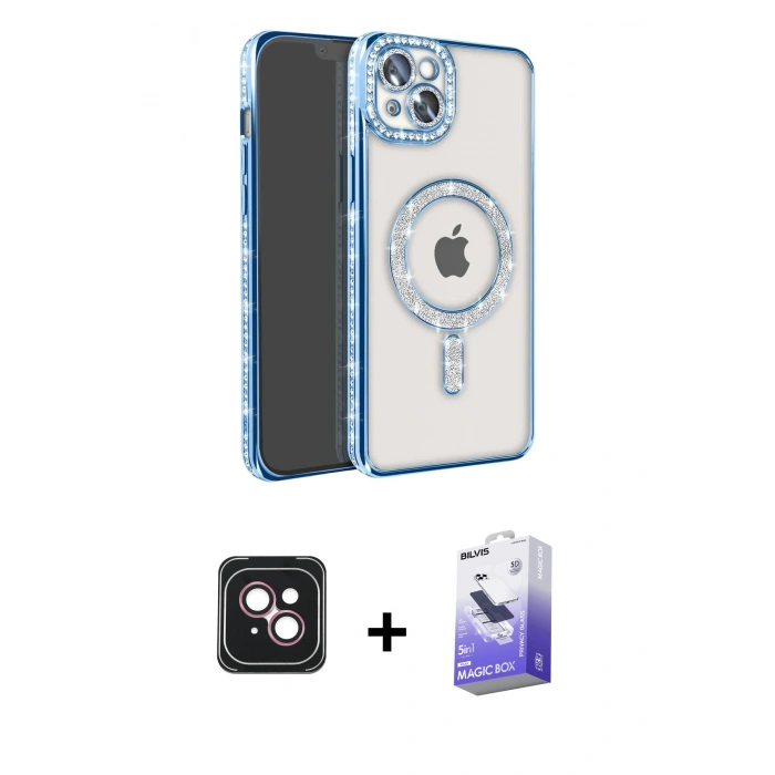 MARSİLYAN™- iPhone 14 Kılıf Zirve Doku Prime - Siyah Bilvis 5in1 5D Magic Hayalet Cam Ekran Koruyucu + PVD Metal Kamera Lens - PE