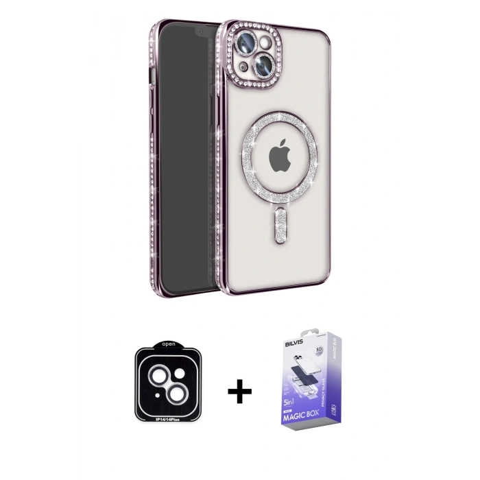MARSİLYAN™- iPhone 14 Kılıf Zirve Doku Prime - Siyah Bilvis 5in1 5D Magic Hayalet Cam Ekran Koruyucu + PVD Metal Kamera Lens - GS