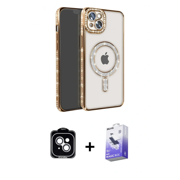 MARSİLYAN™- iPhone 14 Kılıf Zirve Doku Prime - Siyah Bilvis 5in1 5D Magic Hayalet Cam Ekran Koruyucu + PVD Metal Kamera Lens - GS
