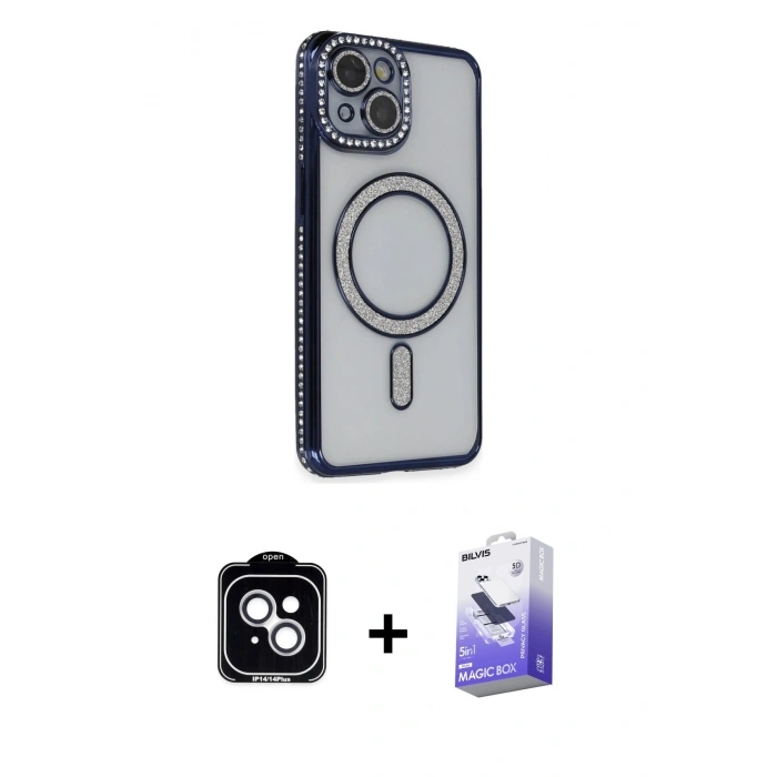 MARSİLYAN™- iPhone 14 Kılıf Zirve Doku Prime - Siyah Bilvis 5in1 5D Magic Hayalet Cam Ekran Koruyucu + PVD Metal Kamera Lens - GS