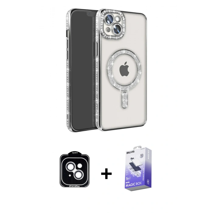 MARSİLYAN™- iPhone 14 Kılıf Zirve Doku Prime - Siyah Bilvis 5in1 5D Magic Hayalet Cam Ekran Koruyucu + PVD Metal Kamera Lens - GS