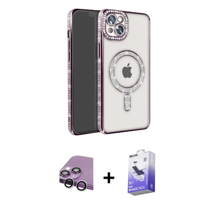 MARSİLYAN™- iPhone 14 Kılıf Zirve Doku Prime - Siyah Bilvis 5in1 5D Magic Hayalet Cam Ekran Koruyucu + Raze Metal Kamera Lens - GS
