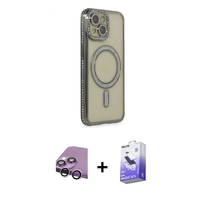 MARSİLYAN™- iPhone 14 Kılıf Zirve Doku Prime - Siyah Bilvis 5in1 5D Magic Hayalet Cam Ekran Koruyucu + Raze Metal Kamera Lens - GS