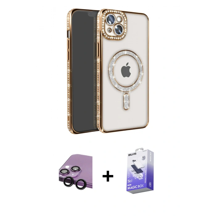 MARSİLYAN™- iPhone 14 Kılıf Zirve Doku Prime - Siyah Bilvis 5in1 5D Magic Hayalet Cam Ekran Koruyucu + Raze Metal Kamera Lens - SH
