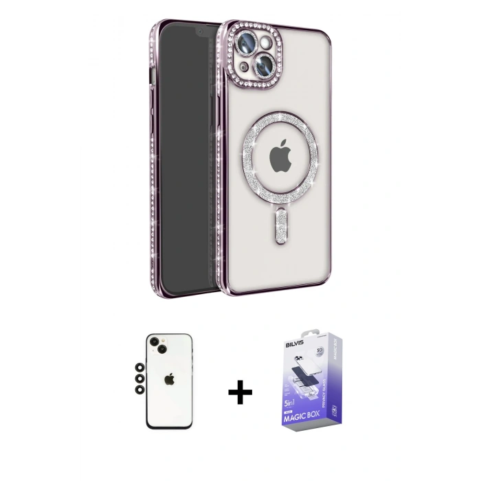 MARSİLYAN™- iPhone 14 Kılıf Zirve Doku Prime - Siyah Bilvis 5in1 5D Magic Hayalet Cam Ekran Koruyucu + Shine Kamera Lens - SH