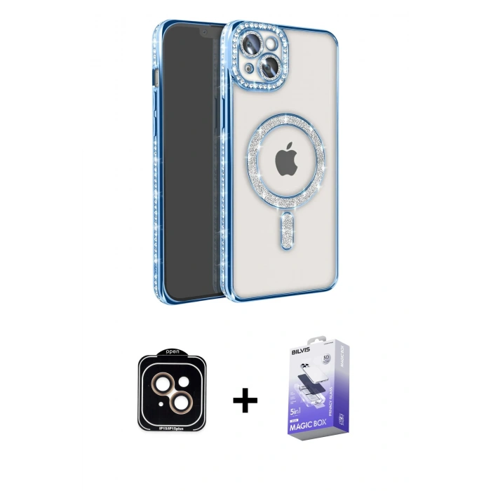 MARSİLYAN™- iPhone 14 Kılıf Zirve Doku Prime - Siyah Bilvis 5in1 5D Magic Hayalet Cam Ekran Koruyucu + PVD Metal Kamera Lens - TU
