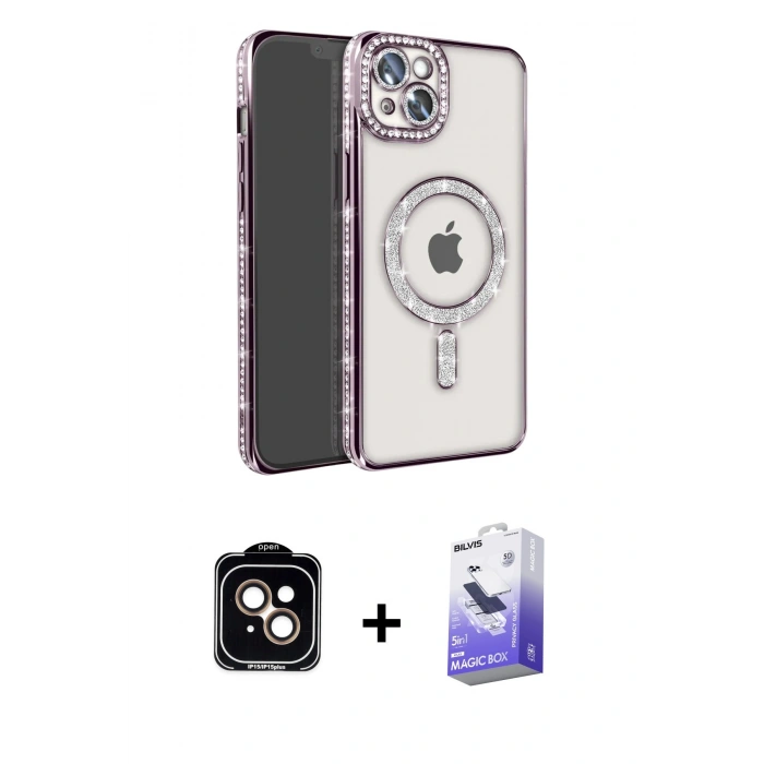 MARSİLYAN™- iPhone 14 Kılıf Zirve Doku Prime - Siyah Bilvis 5in1 5D Magic Hayalet Cam Ekran Koruyucu + PVD Metal Kamera Lens - TU