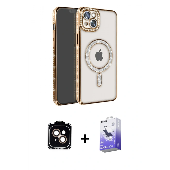 MARSİLYAN™- iPhone 14 Kılıf Zirve Doku Prime - Siyah Bilvis 5in1 5D Magic Hayalet Cam Ekran Koruyucu + PVD Metal Kamera Lens - TU