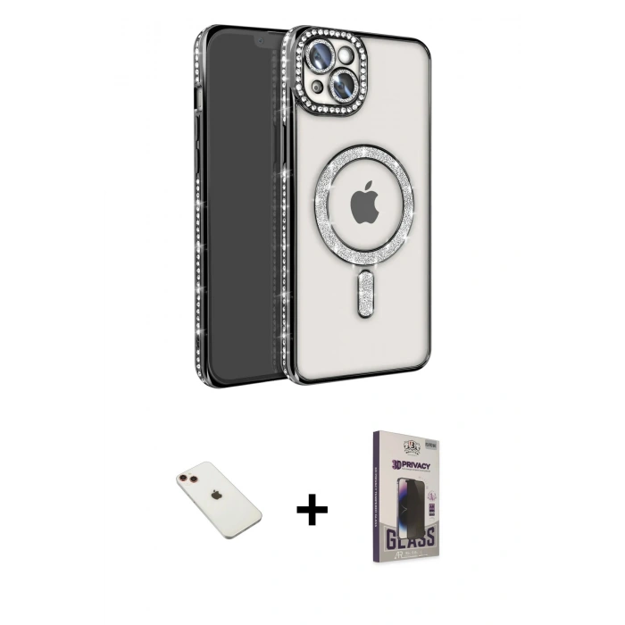 MARSİLYAN™- iPhone 14 Kılıf Zirve Doku Prime - Siyah Bilvis Hayalet Cam Ekran Koruyucu + Diamond Kamera Lens - KI