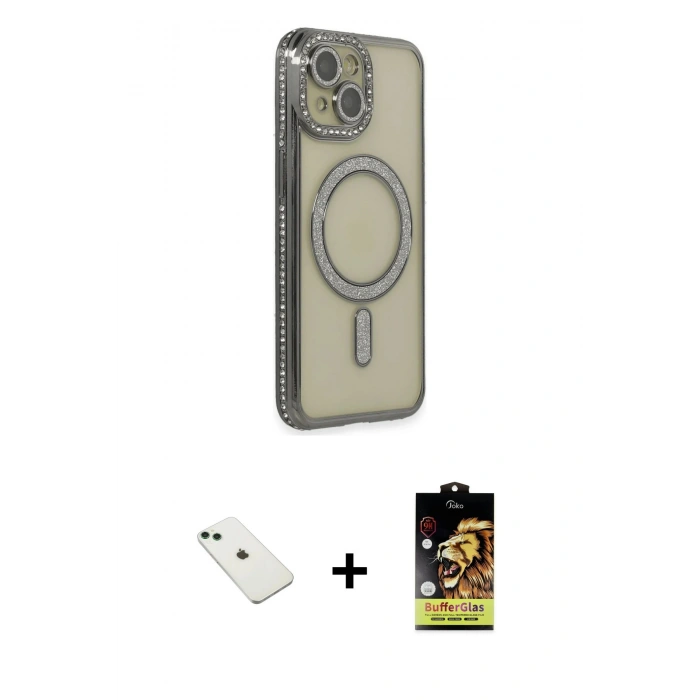 MARSİLYAN™- iPhone 14 Kılıf Zirve Doku Prime - Siyah Buffer Cam Ekran Koruyucu + Diamond Kamera Lens - YL