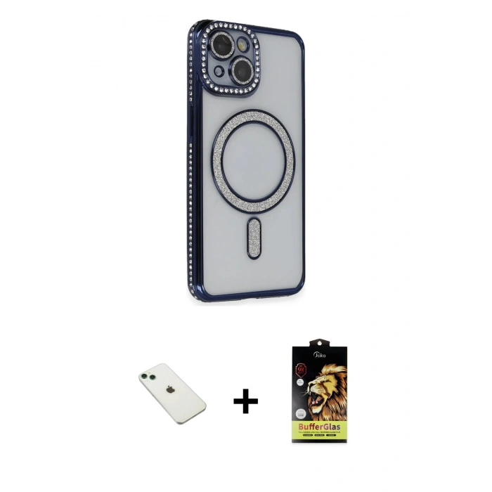 MARSİLYAN™- iPhone 14 Kılıf Zirve Doku Prime - Siyah Buffer Cam Ekran Koruyucu + Diamond Kamera Lens - YL