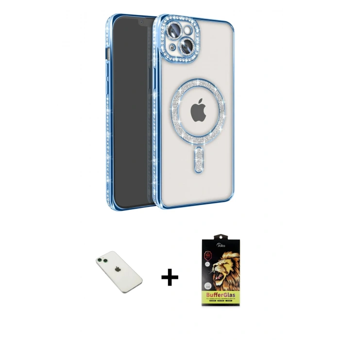 MARSİLYAN™- iPhone 14 Kılıf Zirve Doku Prime - Siyah Buffer Cam Ekran Koruyucu + Diamond Kamera Lens - YL