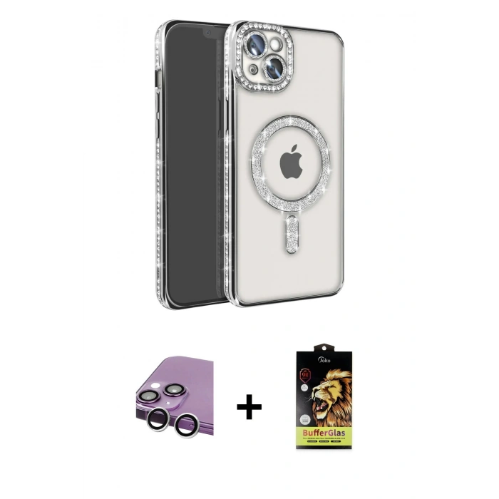 MARSİLYAN™- iPhone 14 Kılıf Zirve Doku Prime - Siyah Buffer Cam Ekran Koruyucu + Raze Metal Kamera Lens - GS
