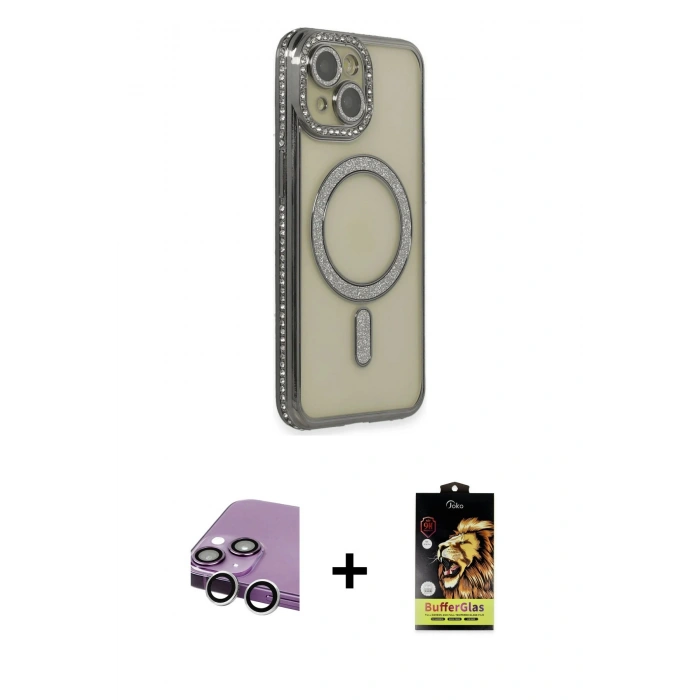 MARSİLYAN™- iPhone 14 Kılıf Zirve Doku Prime - Siyah Buffer Cam Ekran Koruyucu + Raze Metal Kamera Lens - GS