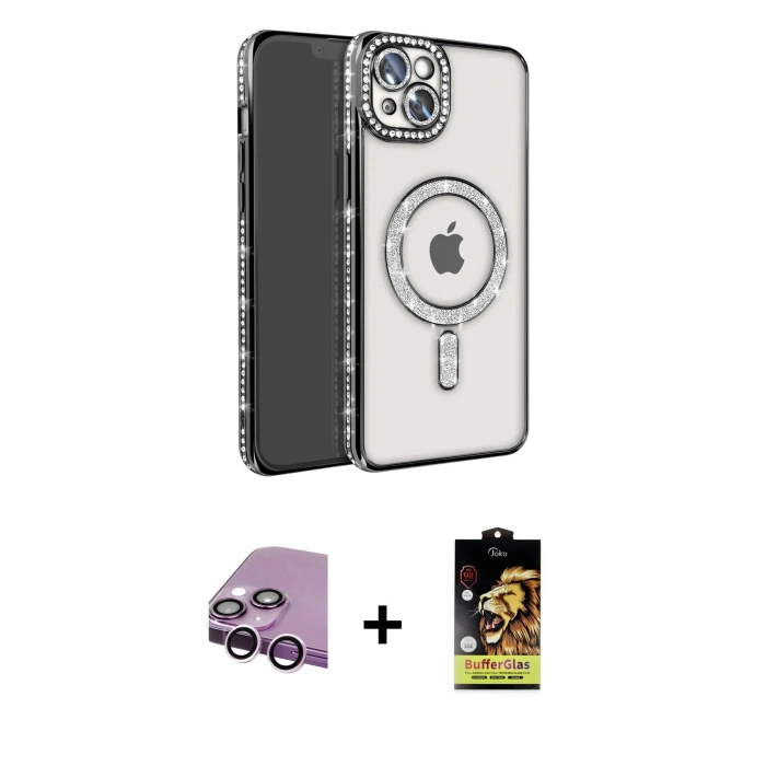 MARSİLYAN™- iPhone 14 Kılıf Zirve Doku Prime - Siyah Buffer Cam Ekran Koruyucu + Raze Metal Kamera Lens - MR