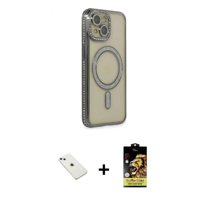 MARSİLYAN™- iPhone 14 Kılıf Zirve Doku Prime - Siyah Buffer Cam Ekran Koruyucu + Diamond Kamera Lens - PE