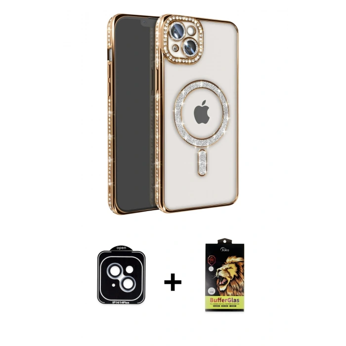 MARSİLYAN™- iPhone 14 Kılıf Zirve Doku Prime - Siyah Buffer Cam Ekran Koruyucu + PVD Metal Kamera Lens - MI