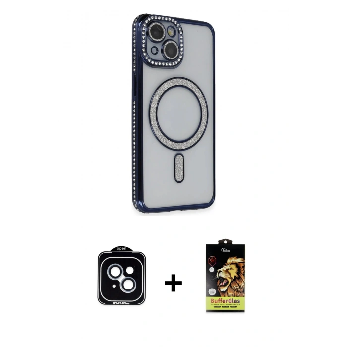 MARSİLYAN™- iPhone 14 Kılıf Zirve Doku Prime - Siyah Buffer Cam Ekran Koruyucu + PVD Metal Kamera Lens - MI