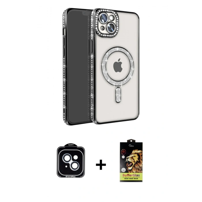 MARSİLYAN™- iPhone 14 Kılıf Zirve Doku Prime - Siyah Buffer Cam Ekran Koruyucu + PVD Metal Kamera Lens - MI