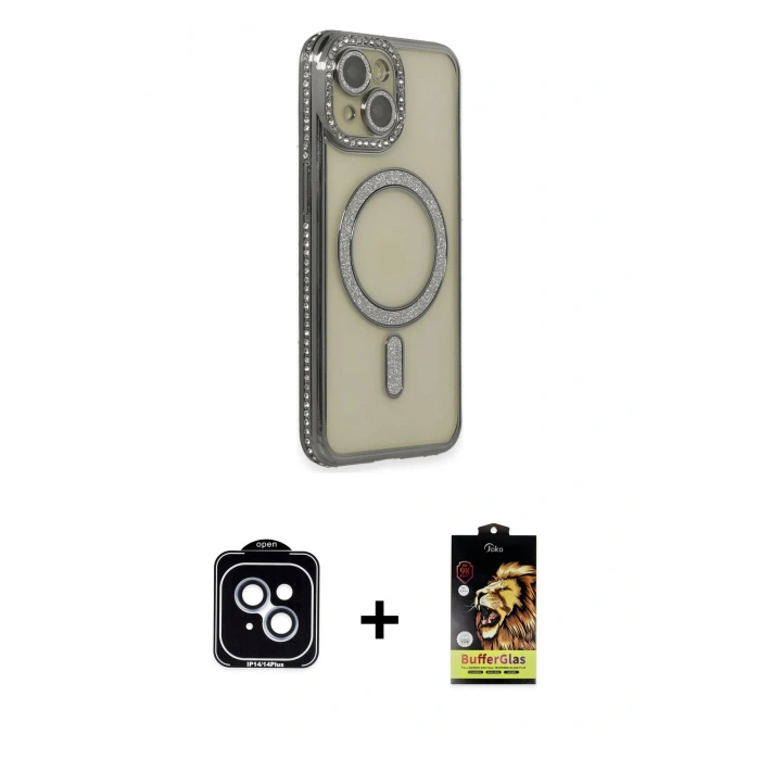 MARSİLYAN™- iPhone 14 Kılıf Zirve Doku Prime - Siyah Buffer Cam Ekran Koruyucu + PVD Metal Kamera Lens - MI