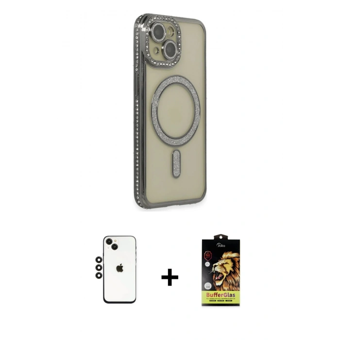 MARSİLYAN™- iPhone 14 Kılıf Zirve Doku Prime - Siyah Buffer Cam Ekran Koruyucu + Siyah Shine Kamera Lens