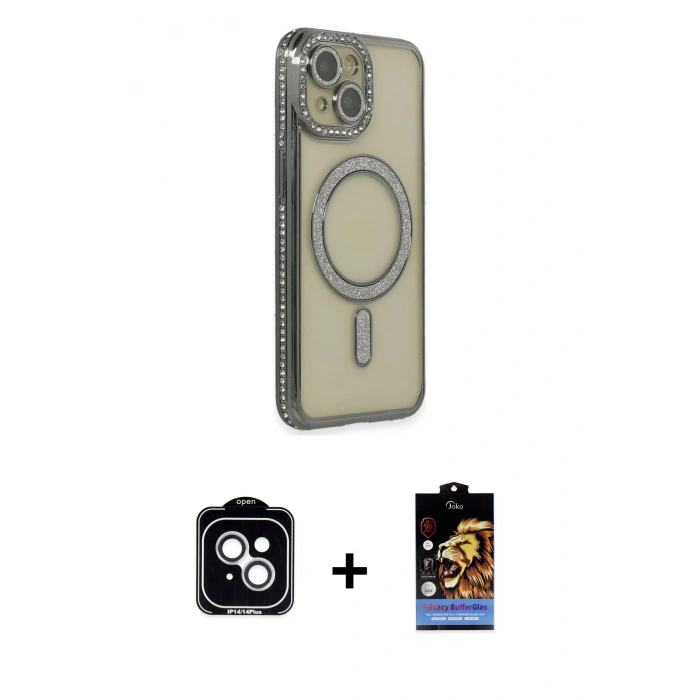 MARSİLYAN™- iPhone 14 Kılıf Zirve Doku Prime - Siyah Buffer Hayalet Cam Ekran Koruyucu + PVD Metal Kamera Lens - GS