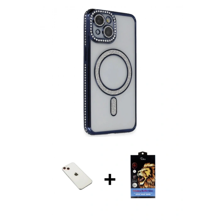 MARSİLYAN™- iPhone 14 Kılıf Zirve Doku Prime - Siyah Buffer Hayalet Cam Ekran Koruyucu + Diamond Kamera Lens - KI