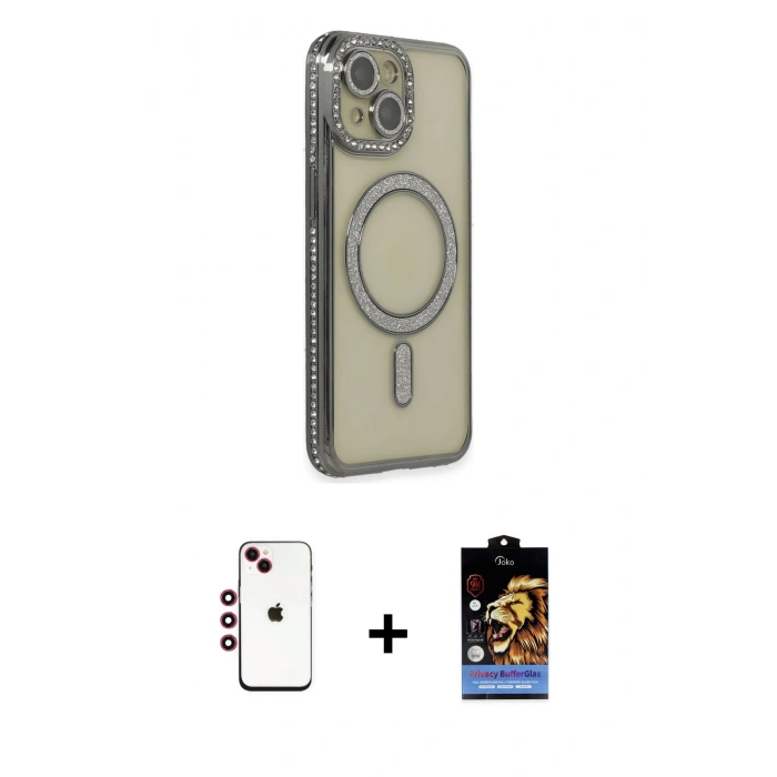 MARSİLYAN™- iPhone 14 Kılıf Zirve Doku Prime - Siyah Buffer Hayalet Cam Ekran Koruyucu + Kırmızı Shine Kamera Lens
