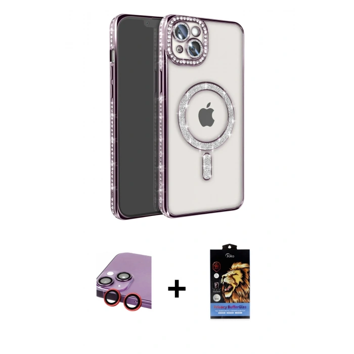 MARSİLYAN™- iPhone 14 Kılıf Zirve Doku Prime - Siyah Buffer Hayalet Cam Ekran Koruyucu + Raze Metal Kamera Lens - KI